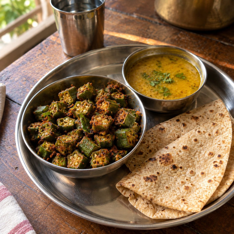 Ladyfinger sabzi (bhendi bhaji) in a brass kadhai