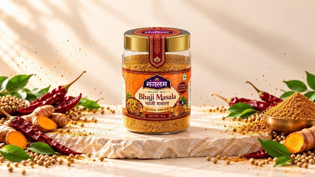 Mangalam Bhaji Masala Try Pack jar on a limestone slab