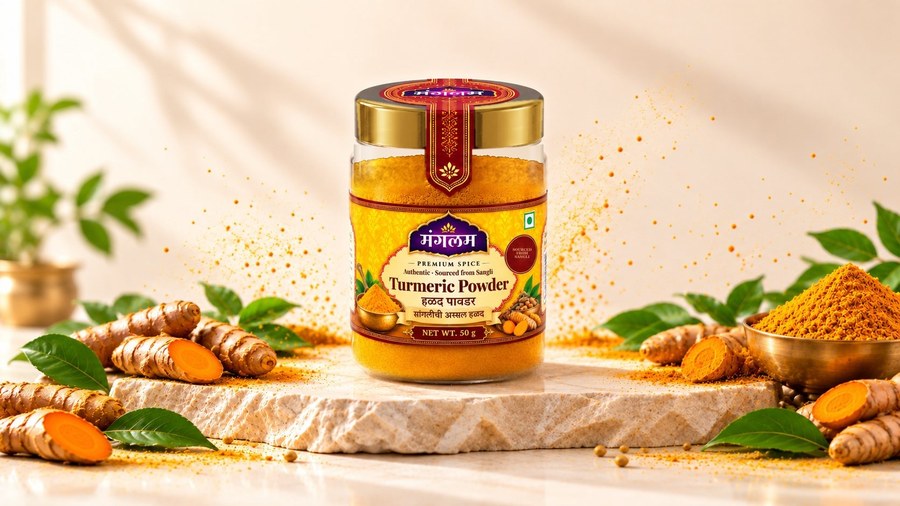 Mangalam Turmeric Powder 40 g jar, sourced from Sangli