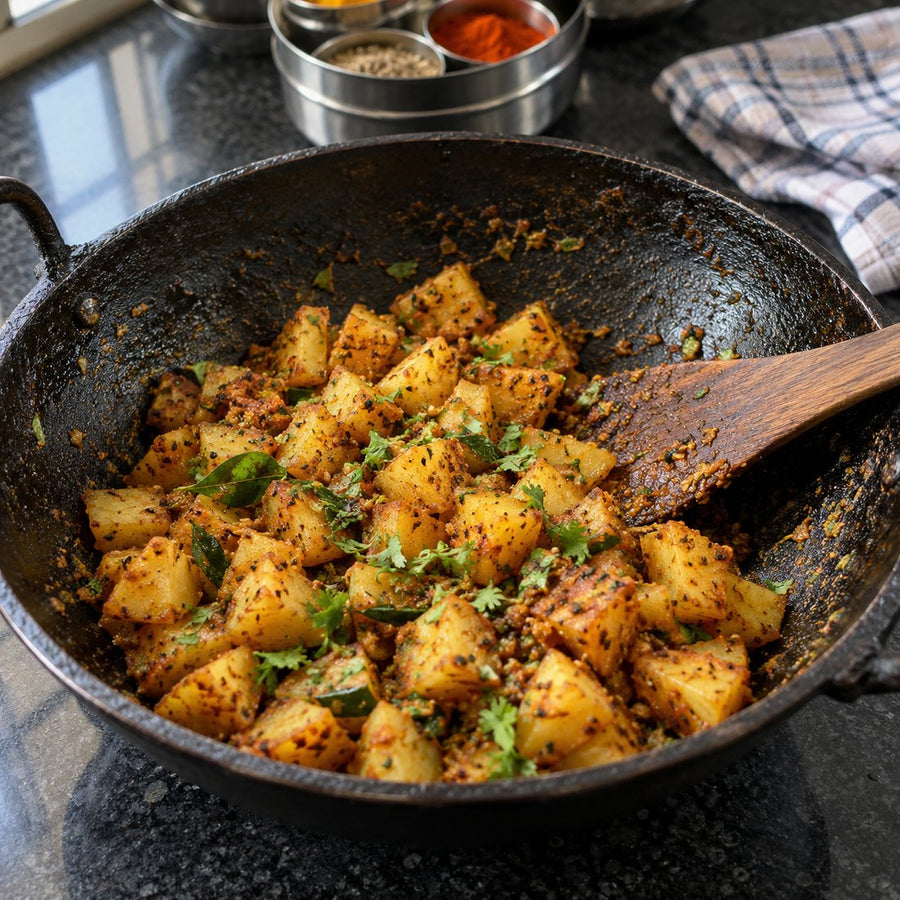 Potato sabzi (batata bhaji) in a brass kadhai