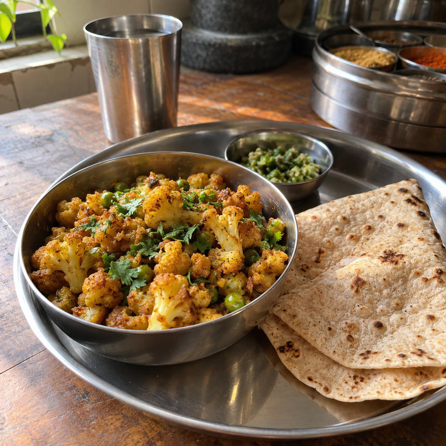 Cauliflower sabzi (flower bhaji) in a brass kadhai