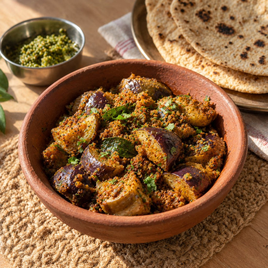 Eggplant sabzi (vangi bhaji) in a brass kadhai